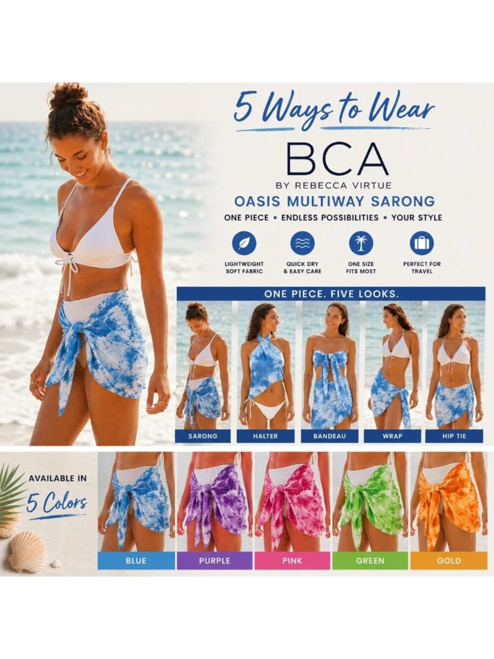 BCA By Rebecca Virtue Oasis Multiway Sarong Cover-Up Pareo Beach Wrap in Lime - Picture 3 of 12